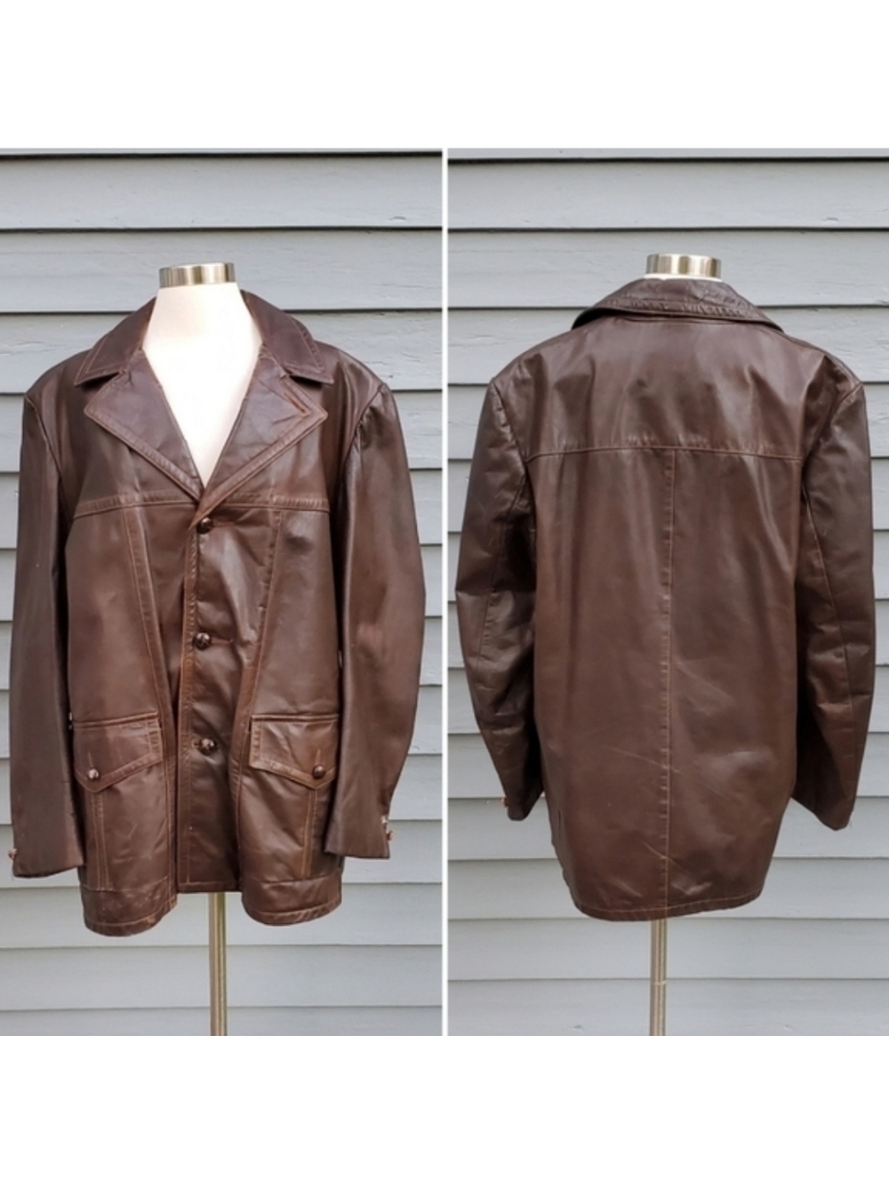 Vintage 70s Western Sears Brown Leather Shop Fleece Insulated Car Coat Jacket Lg